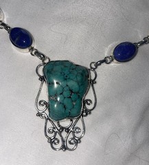 Natural Turquoise & Lapis Statement Necklace, 925 Sterling 18”