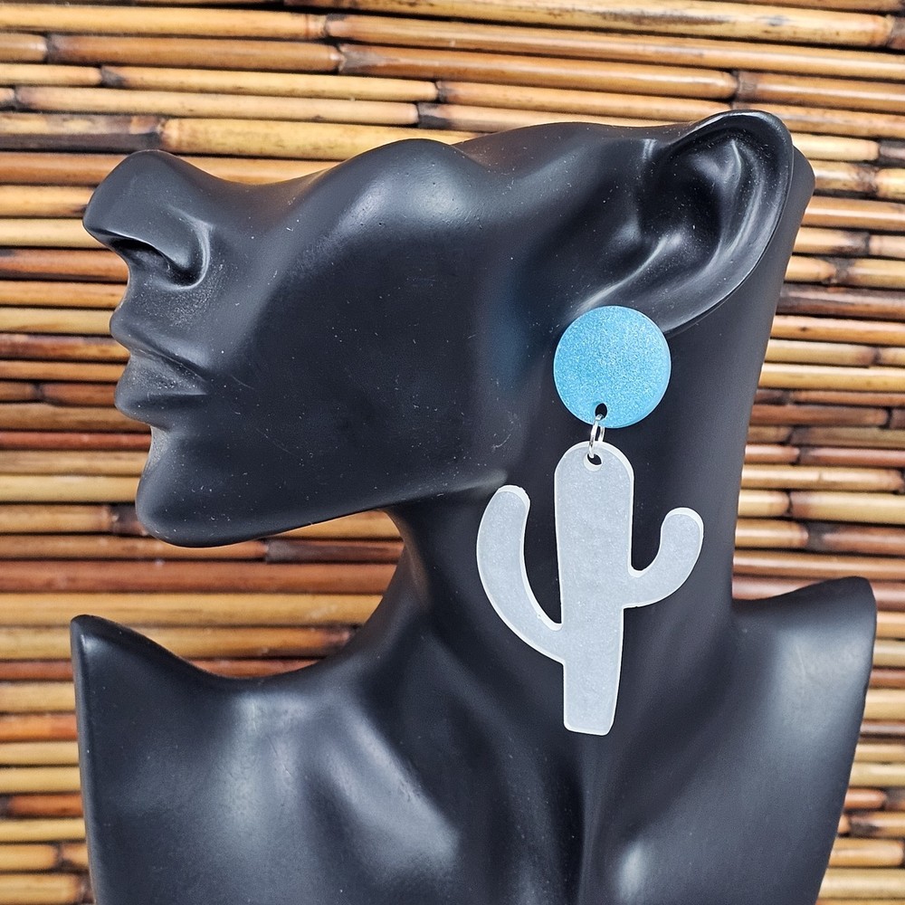 Handmade Resin Cyan Blue & White Cactus Dangle Earrings Western Desert Retro VLV