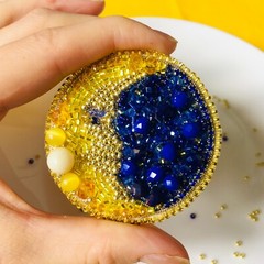 Crescent moon beaded brooch, Embroidered celestial brooch, Moon face jewelry