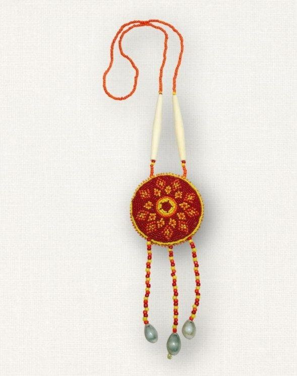 Handmade Beaded Medallion Necklace Red Yellow Bone Beads Cowrie Shells