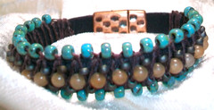 Vintage Boho Turquoise Blue Brown Glass Woven Beaded Magnetic Copper Bracelet