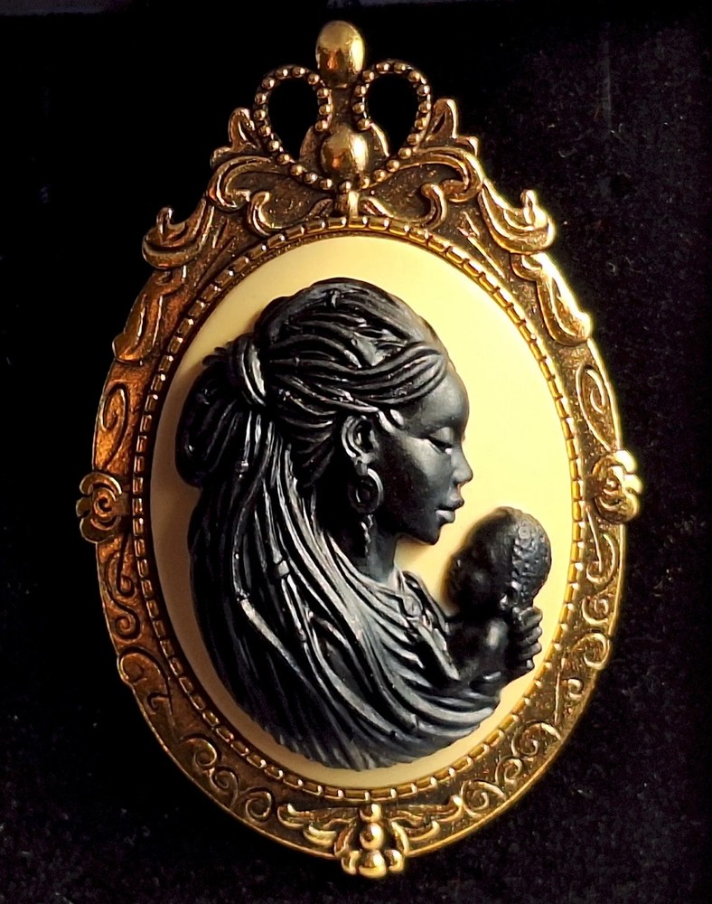African American Black Mother and Child Woman with Newborn Baby Cameo Brooch Pin