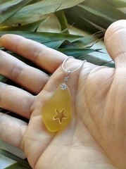 Hand Carved Starfish Yellow Sea Glass Pendant Silver Necklace 18″
