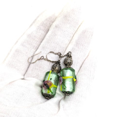 Lampwork Art Glass Dangle Earrings Sterling Silver Hook Green Pink Rose w Foil