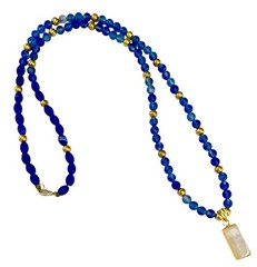 ARTISAN Gold Tone Radiant Cut MOONSTONE Pendant 25” Blue Glass Beaded Necklace