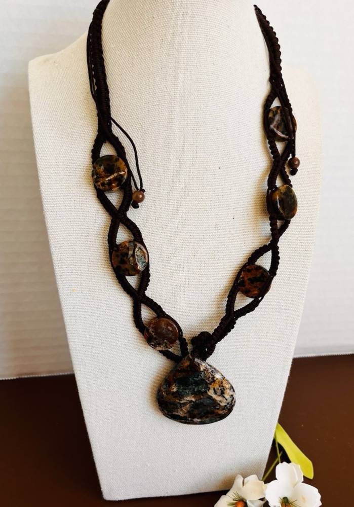 Vtg Waly Corp Of NJ USA Petrified Wood Opal Hand Crocheted Necklace 24”