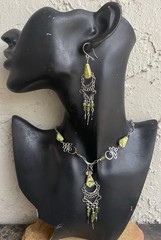 Peruvian Green Serpentine Semi-Precious Stone Necklace Long Earring Set Boho