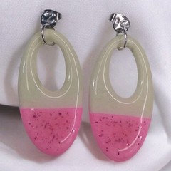 Handcrafted Polymer Clay Resin Silver Stud Dangle Oval Pink Beige Earrings