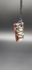 Dichroic Glass Cabochon On Leather Necklace. Silver Tone/ Red/ Green.