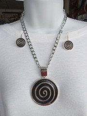 New, Hand crafted necklace & earrings. Black swirl medallions. 18 inch chain