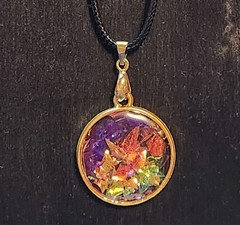 Handmade Resin Necklace – Goldtone- Iridescent Flakes – Adjustable Cord Necklace