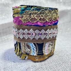 Wide Cuff Bracelet Boho Multicolor Fabric Baroque Embellished Handmade OOAK 6-7