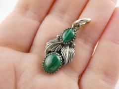 NA Signed SJ Sterling Silver Malachite Cabochons Pendant 3.7g 13mm Length