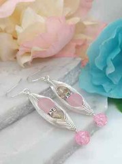 Pink Sea Glass Artisan Wire Braided Silver Earrings-Geometric Dangles- Glass