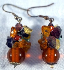 Dangle Earrings with Amber Glass Beads and Various gemstone chip beads