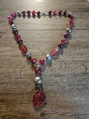 handmade beaded necklace dark red faceted glass crystal and metallic silver bead