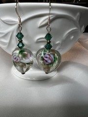 Artisan Dangle Earrings Lamp Work Green Hearts/Rose Gold Filled Ear Wires OOAK