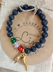Mano Cornuto Bracelet, Cornicello, Horned Hand, Gold Italian Horn, Lava Stone