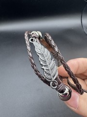 Braided Leather Bracelet with Silver Feather Charm, Adjustable, Brown Unisex