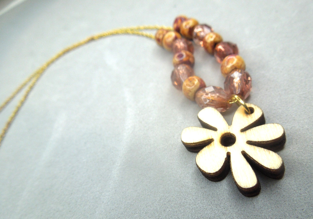 Flower Pendant Necklace for Women Wood Handmade Rustic Earth Tone Acrylic Bead