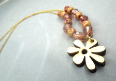 Flower Pendant Necklace for Women Wood Handmade Rustic Earth Tone Acrylic Bead