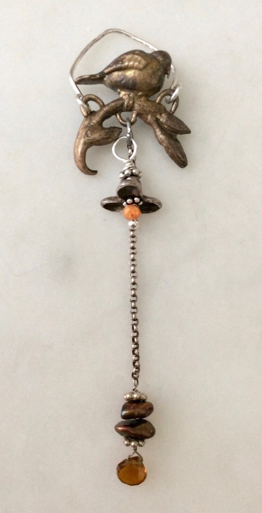 Elemental Adornments Artisan Sterling Silver ClayFlower Bird On Branch Pendant