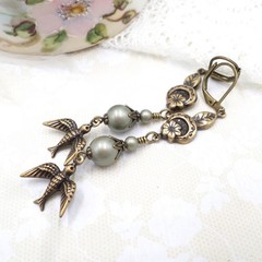 Brass Bird Earrings: Sage Green Pearl Floral Cottagecore Handmade Dangle Jewelry