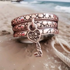 SARDA Artisan Of Bali Triple Stack Heart Key Dangle Rings(3l, Sz6, NIP, SS925