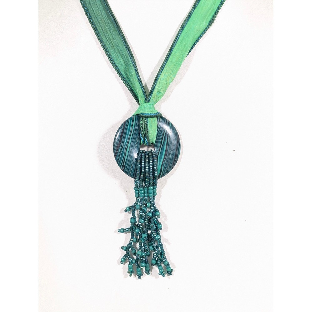 Faux Malachite Pendant Necklace Green Tassel Ribbon Tie Adjustable