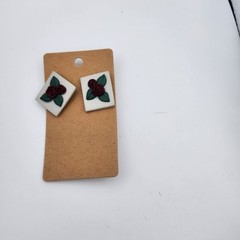 Burgundy Rose Floral Stud Earrings Polymer Clay Cream Green Posts