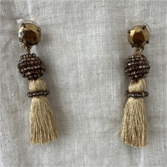 Handcrafted Gold Brown Tassel Beaded Brass Earrings Bohemian Dangle Drop