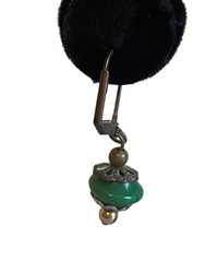 Vintage Drop Earrings Artisan Handmade Antiqued Bronze Gold Tones Green Stone