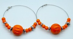 E001 THICK HANDMADE ORANGE WOOD & SILVER BEADED LARGE FASHION HOOP EARRINGS
