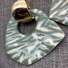 Dangle Hoop Pierced Earrings Fired Glass Enamel Gold Cream Olive Green Retro