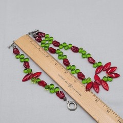 Green Red Art Glass Artisan Necklace and Bracelet Set Silver tone Toggle 16″&7″