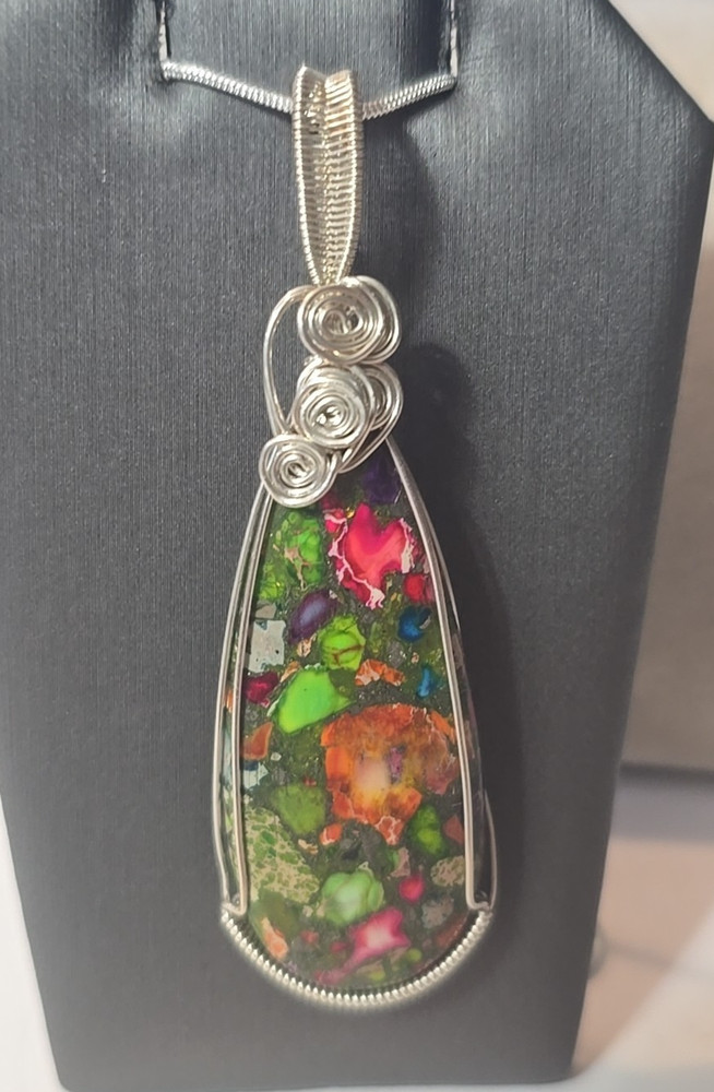 Artisan Wire Wrapped Sea Sediment Jasper Pendant Necklace in Sterling Silver