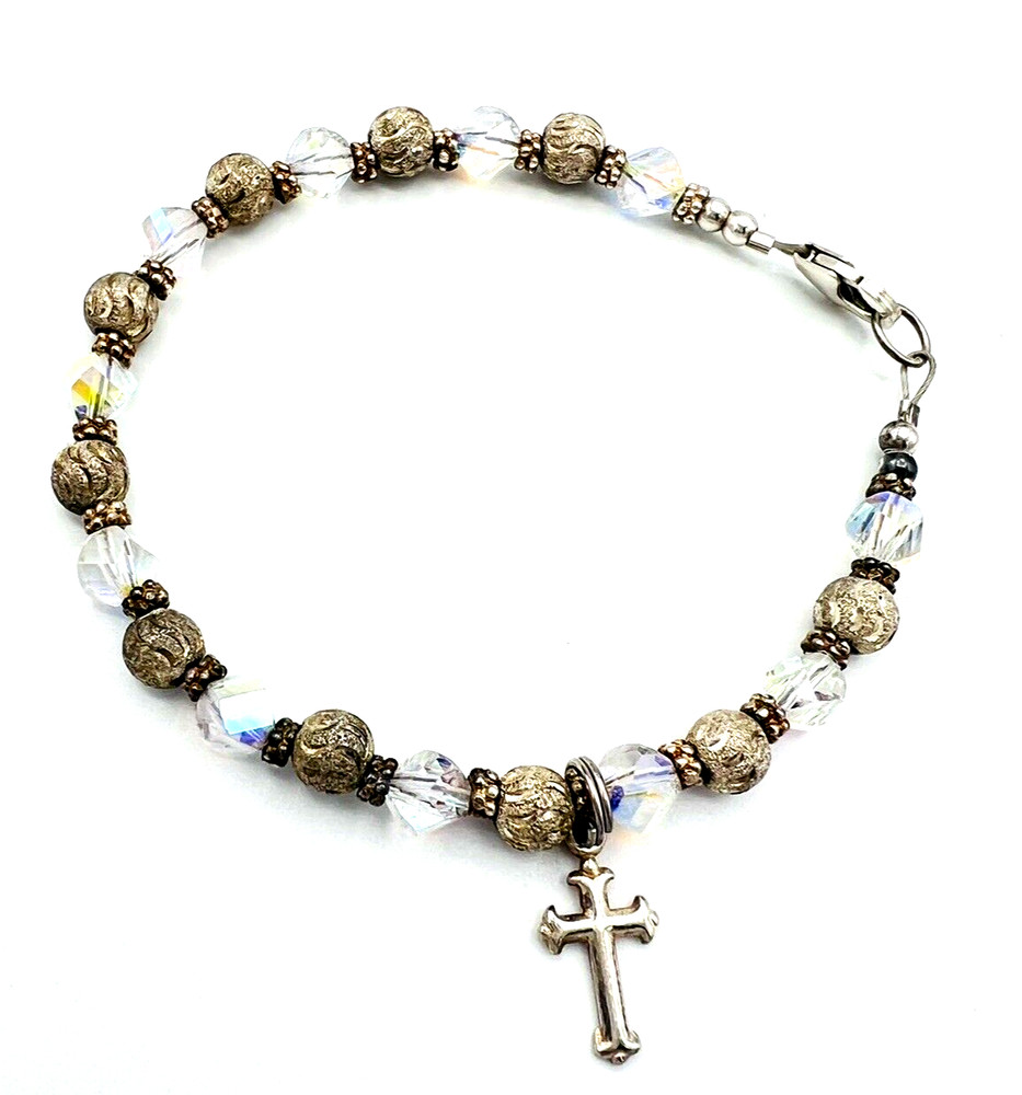 Sterling Silver Christian Cross Charm Bracelet AB Glass Beads 7.5 in