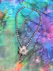 Freshwater Pearl Necklace w/ Mother of Pearl Cattleya Orchid Pendant Silver