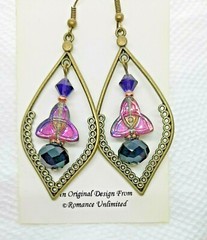Earrings Faceted & Iridescent Purple Glass Crystal Beads Triquetra Bronze Frame