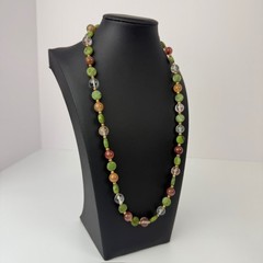Vintage Multi Gemstone Bead 24″ Necklace Serpentine Carnelian Quartz Aventurine
