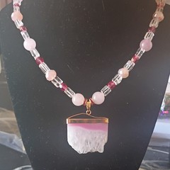 Pink & Clear Rose Quartz Glass Beaded Necklace Set Gold Plated