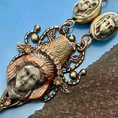 Deco Egyptian Revival Necklace Set, Neiger Style Glass Pharaoh, Green, Bronze