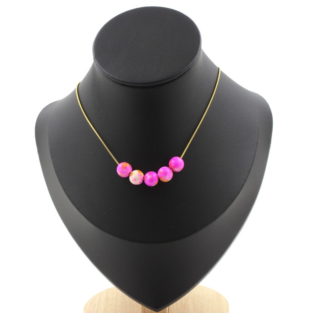 Necklace 5 Beads Jasper Pink Yellow 0 5/16in Chain Steel Golden Women, Ho