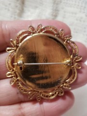 Vintage Gold Tone Damascene Round Brooch Pin , Filigree Frame, 1.75 in. EUC