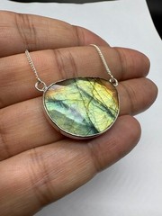 Natural Labradorite Pendant Necklace, Sterling Silver, Handmade Bohemian Jewelry