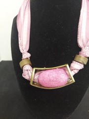 Scarf Necklace With Beautiful Rhinestone Pendant. Scarf Is Pink & White.