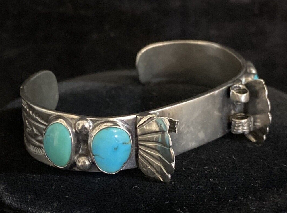 Vintage Navajo Sterling Silver & Turquoise Watch Cuff Bracelet 35.2 g