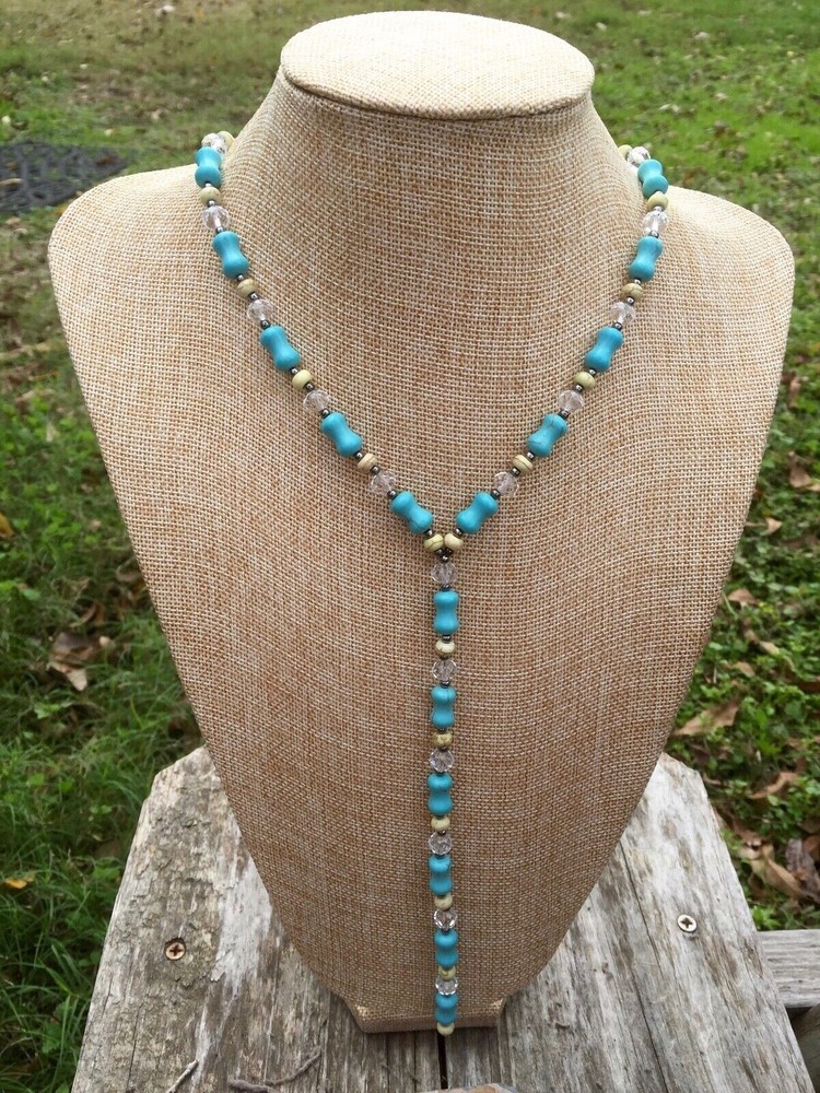 Handmade Y Necklace Turquoise and Yellow Magnesite with Clear Glass Black Metal