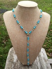 Handmade Y Necklace Turquoise and Yellow Magnesite with Clear Glass Black Metal