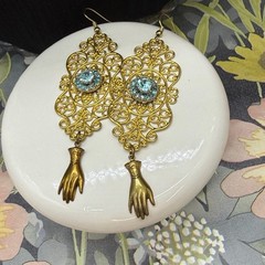 Adorned Crown Jewelry assemblage blue rhinestone hand filigree earrings